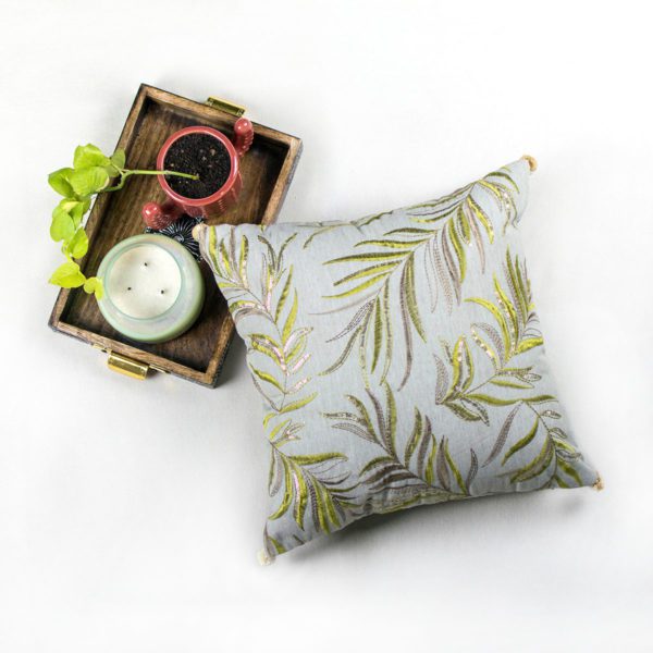 Gray and Green Embroidered Cushion Cover