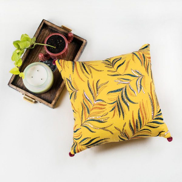 Yellow Leaf Embroidery Cushion Cover