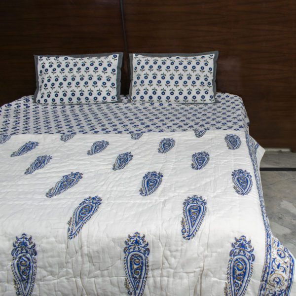 Floral Dreams Blue Buti Hand Blocked Double Bedsheet