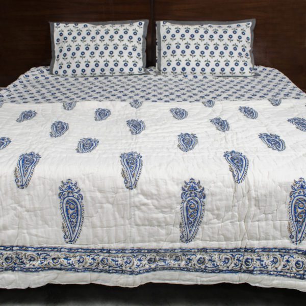 Floral Dreams Blue Buti Hand Blocked Double Bedsheet