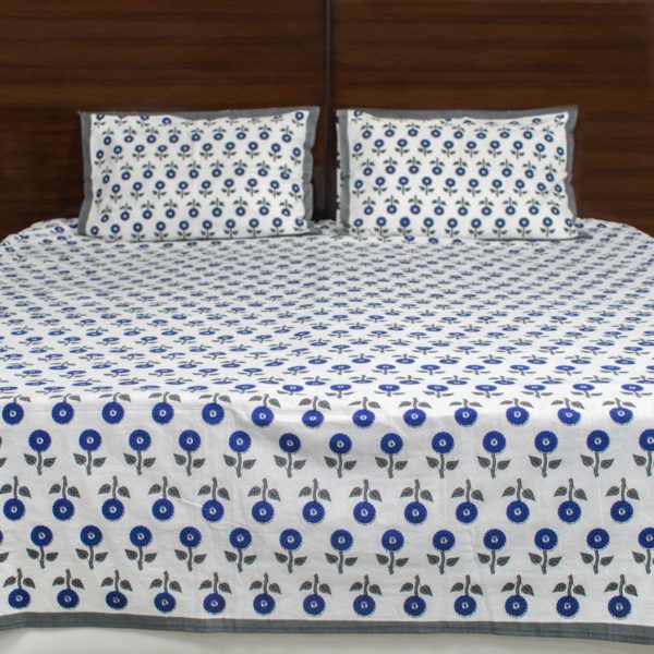 Floral Dreams Blue Buti Hand Blocked Double Bedsheet