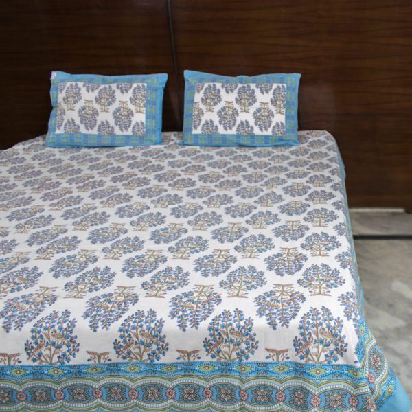Tree Of Life Blue Ajrakh Handblocked Double Bedsheet