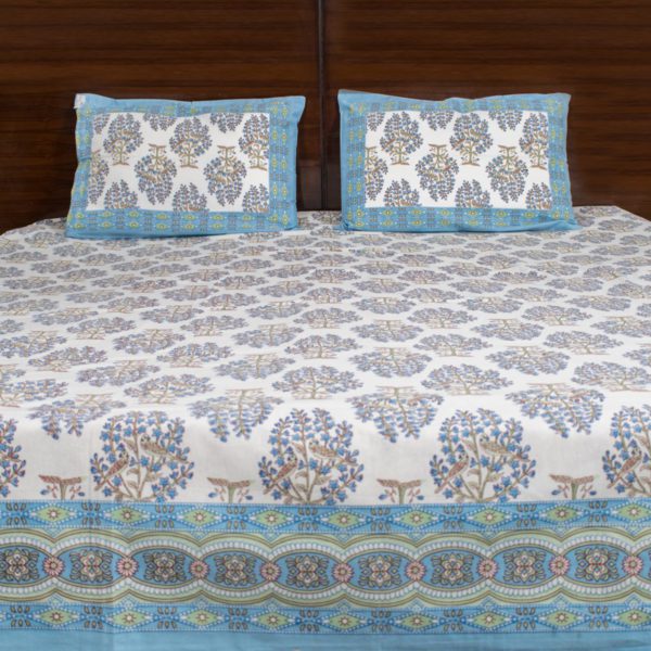 Tree Of Life Blue Ajrakh Handblocked Double Bedsheet