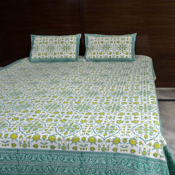 Mughal Garden Yellow and Green Hand Blocked Print Bedsheet