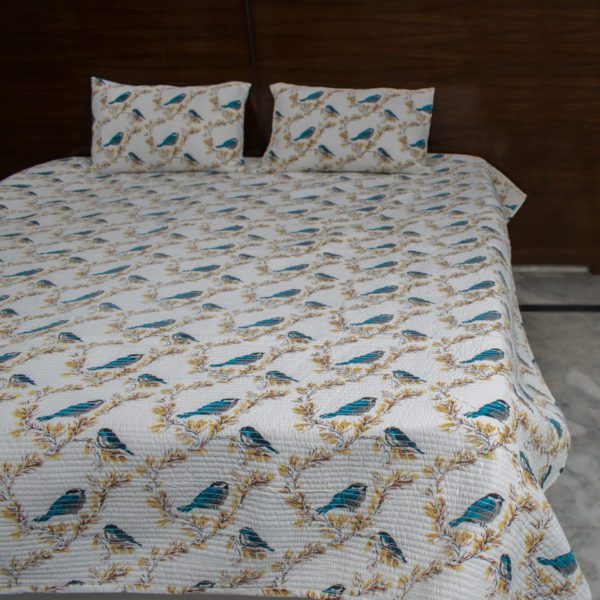 Blue Bird Heaven Jaipuri Reversible Bedcoevr