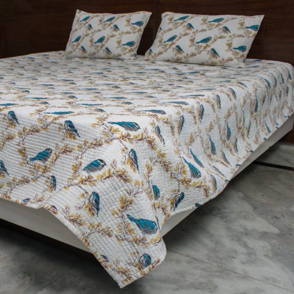 Blue Bird Heaven Jaipuri Reversible Bedcoevr