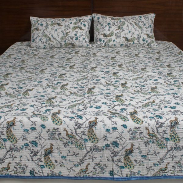 Blue Peacock Reversible Bedcover