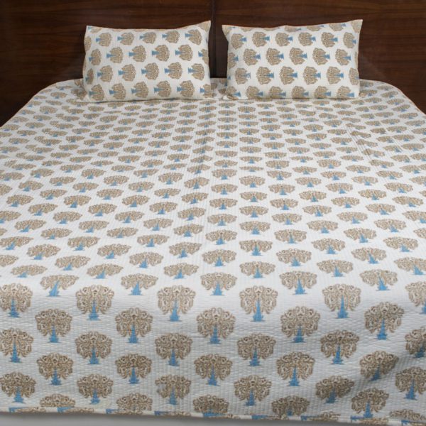 Tree Of Life Green & Blue Ajrakh Reversible Bedcover