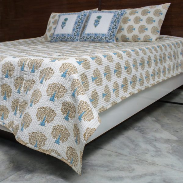 Tree Of Life Green & Blue Ajrakh Reversible Bedcover