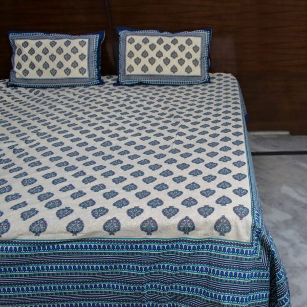 Blue Kalpavriksha Tree Leaf Ajrakh Double Bedsheet