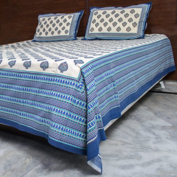 Blue Kalpavriksha Tree Leaf Ajrakh Double Bedsheet