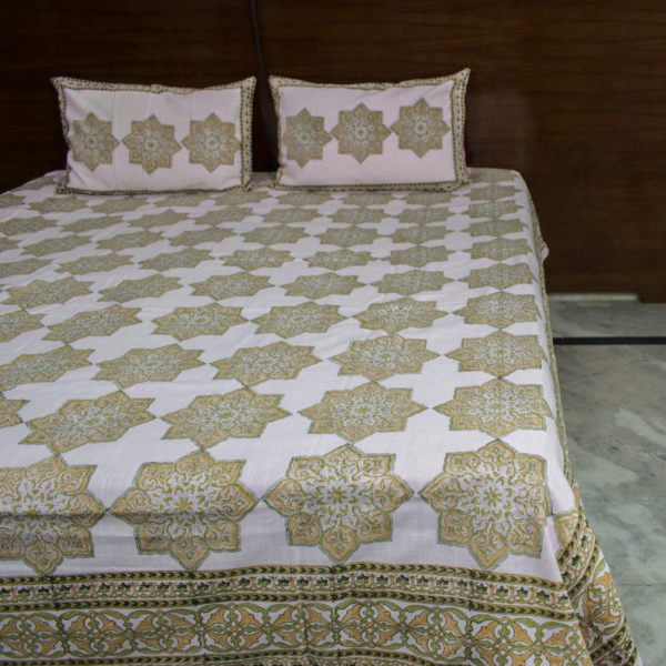 Pink and Green Jaipuri Hand Blocked Bedsheet