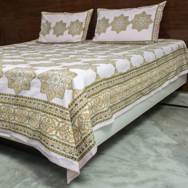 Pink and Green Jaipuri Hand Blocked Bedsheet