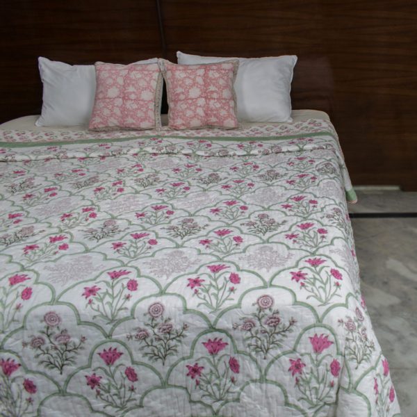 Reversible Green and Pink Cypress Bouquet Hand Block Printed Quilt