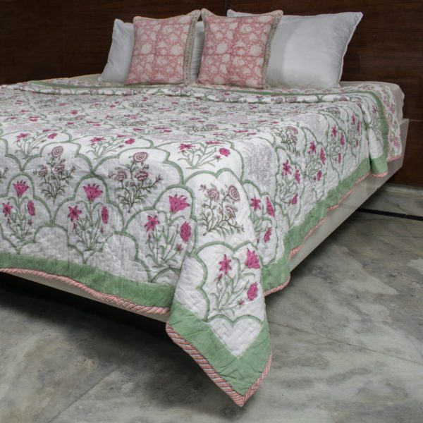 Reversible Green and Pink Cypress Bouquet Hand Block Printed Quilt