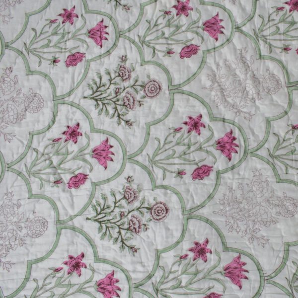 Reversible Green and Pink Cypress Bouquet Hand Block Printed Quilt