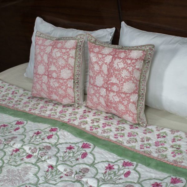 Reversible Green and Pink Cypress Bouquet Hand Block Printed Quilt