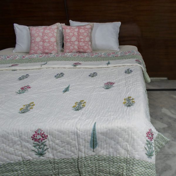 Reversible Pink and Green Floral Motifs Hand Blocked Quilt