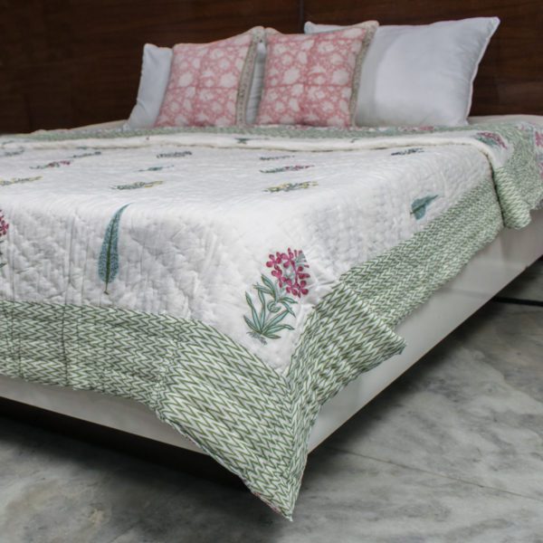 Reversible Pink and Green Floral Motifs Hand Blocked Quilt