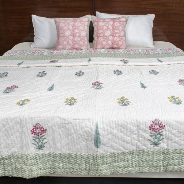 Reversible Pink and Green Floral Motifs Hand Blocked Quilt