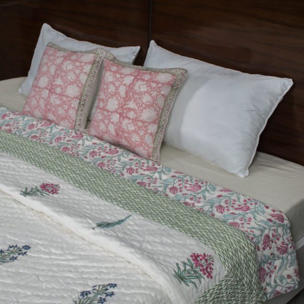 Reversible Pink and Green Floral Motifs Hand Blocked Quilt