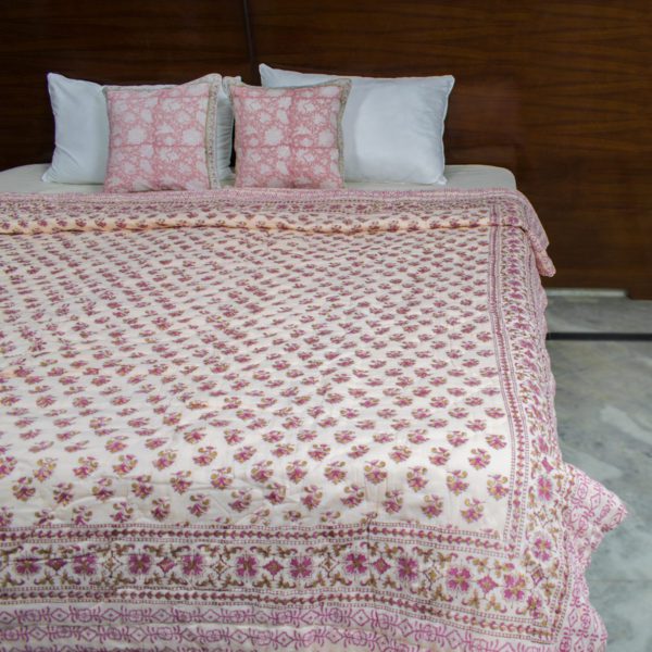 Pink and Gold Foil Hand Blocked Double Bed Quilt