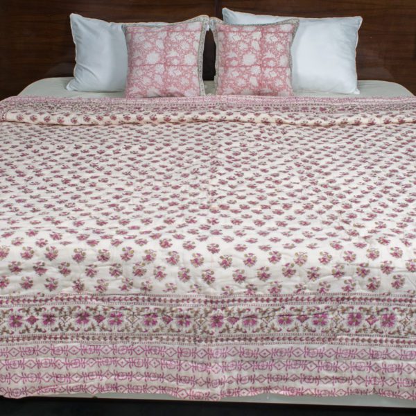 Pink and Gold Foil Hand Blocked Double Bed Quilt