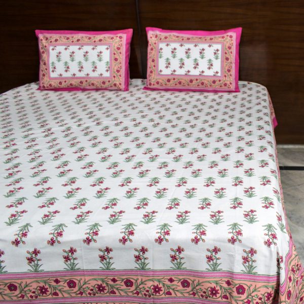Cypress and Flower Motif Hand Blocked Double Bedsheet