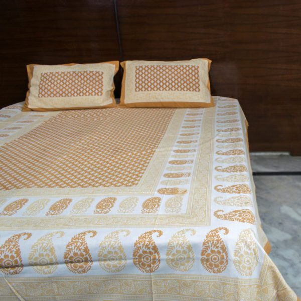 Beige and Orange Floral Ajrakh Bedsheet