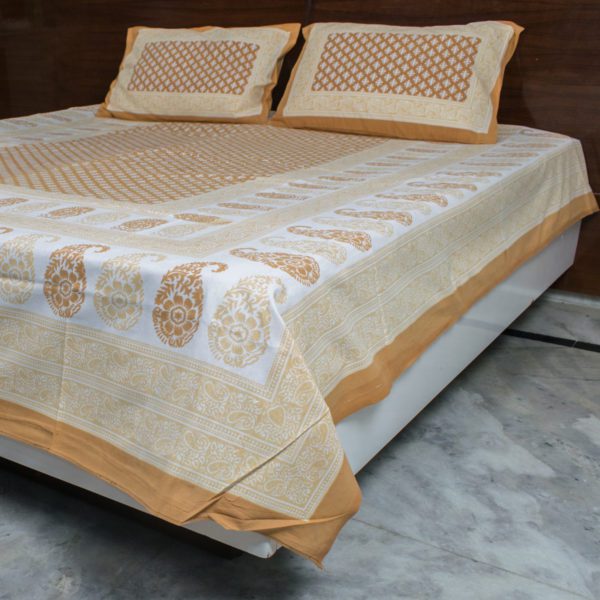 Beige and Orange Floral Ajrakh Bedsheet