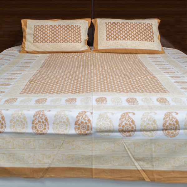 Beige and Orange Floral Ajrakh Bedsheet