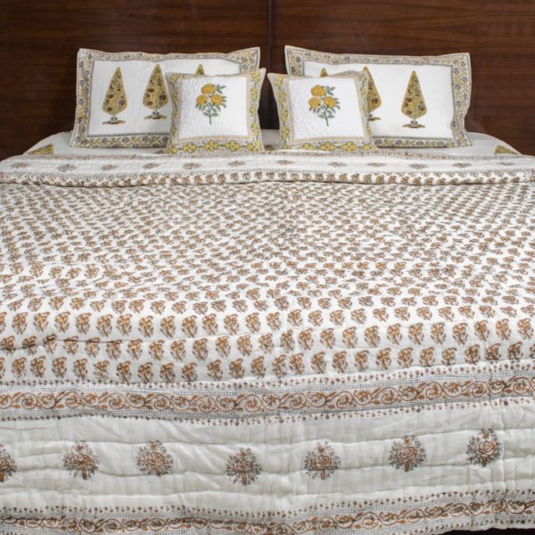 Brown and Gold Foil Double Bed Hand Blocked Quilt