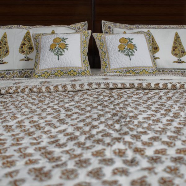 Brown and Gold Foil Double Bed Hand Blocked Quilt