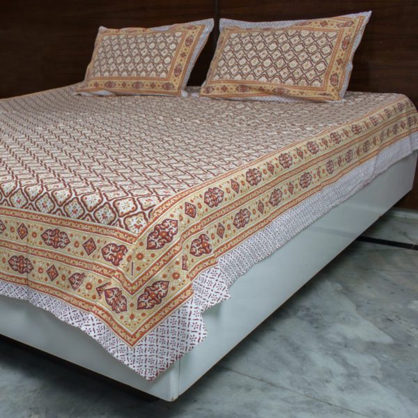 Beige and Orange Floral Ajrakh Bedsheet