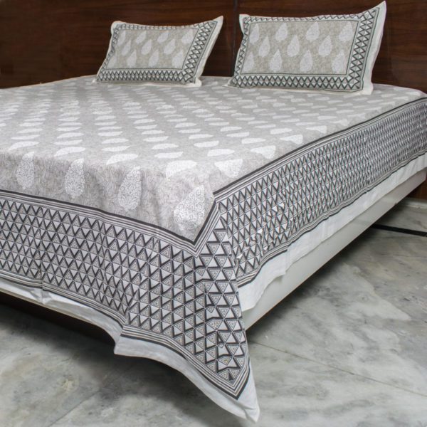 Gray Paisley Print Block Print Double Bedsheet