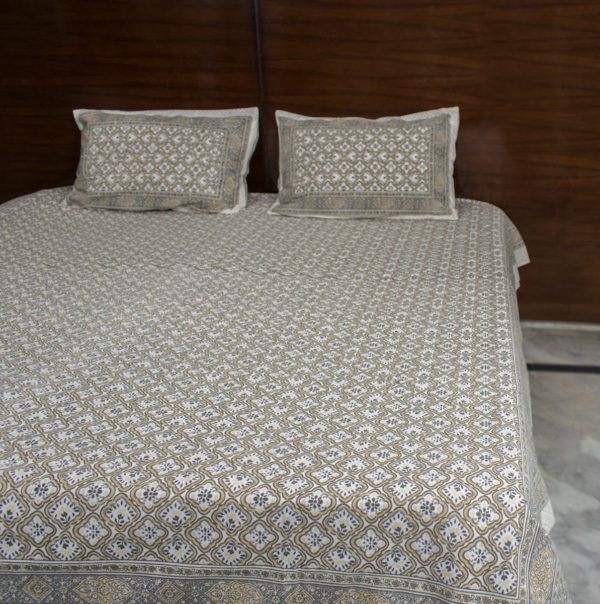 Beige and Gray Floral Ajrakh Bedsheet