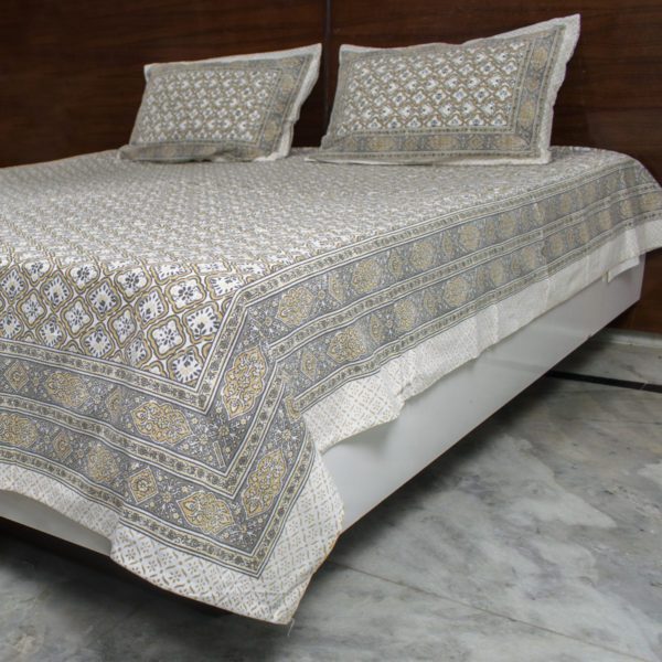 Beige and Gray Floral Ajrakh Bedsheet