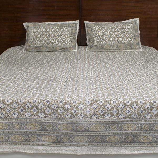 Beige and Gray Floral Ajrakh Bedsheet