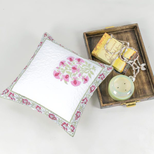Pink and Green Bloom Hand Block Cushion Cover